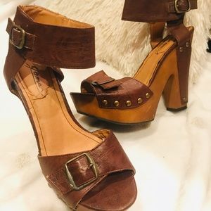Tan ankle strap boho heels